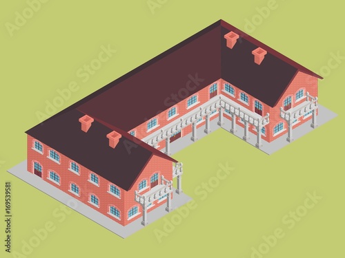 brick building hotel with brown roof isometric vector