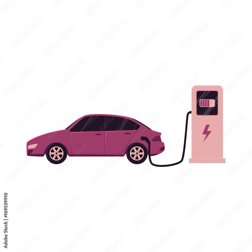 vector flat cartoon electric motor passenger car charging at the charger  station. Isolated illustration on a white background. Green energy  consuming vehicle plugged Stock Vector | Adobe Stock