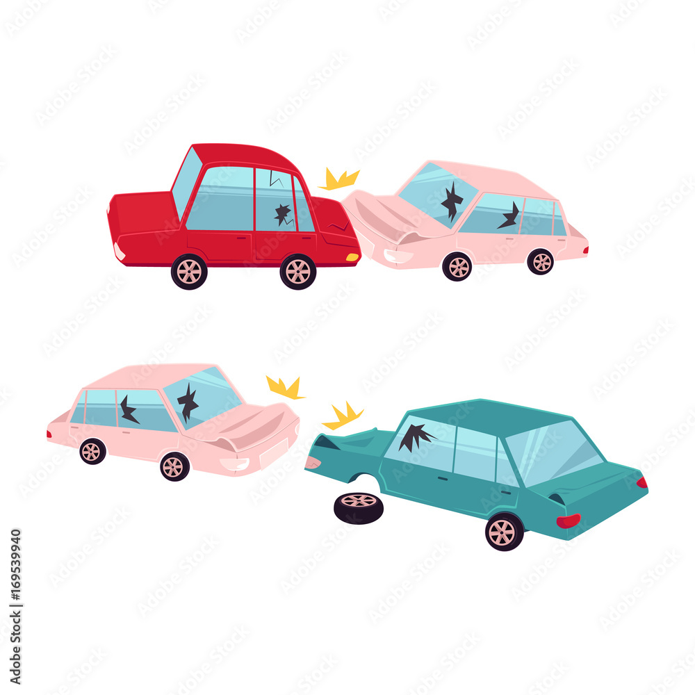 vector flat cartoon car crash, accident set. One vehicle lost its wheel,  and both have dents, broken glasses, scratches. Isolated illustration on a  white background. Stock Vector | Adobe Stock