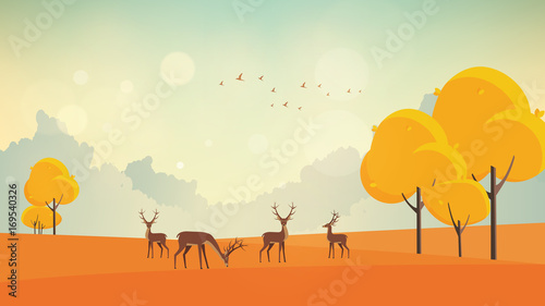 Autumn Vector Background Landscape with Reindeers.