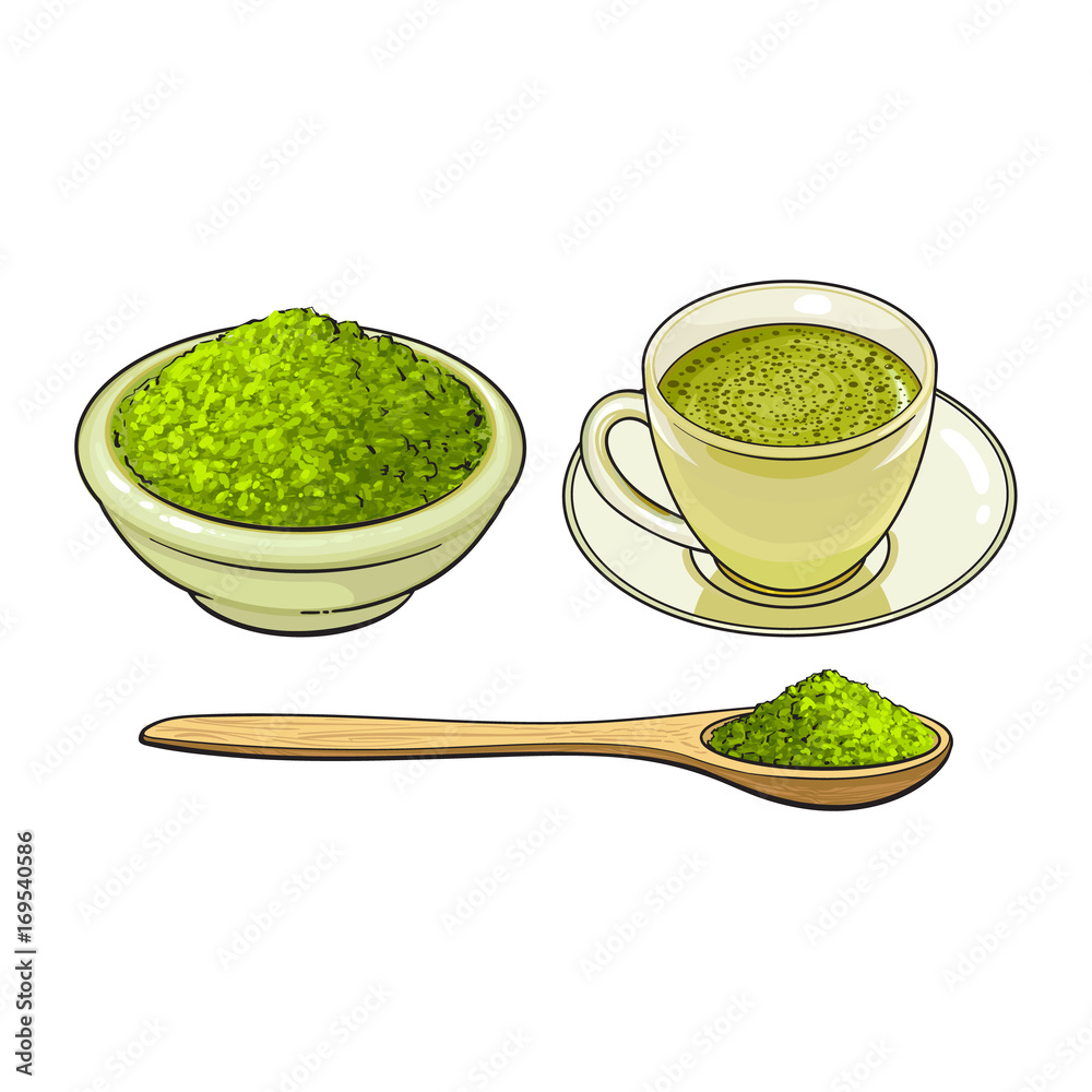 vector sketch cartoon hand drawn ceramic bowl of green mathca tea ...