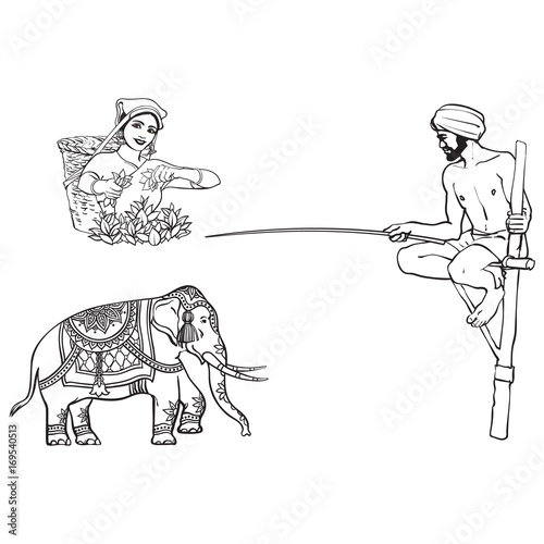 vector sketch cartoon local indian man in handscarf pagri or turban fishing at wooden stilt pillar, woman picking tea leaves, decorated elephant. Traditionally dressed characters, hand drawn symbols