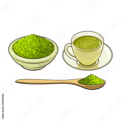 vector sketch cartoon hand drawn ceramic bowl of green mathca tea powder, bamboo spoon and cup of tea set. Isolated illustration on a white background. Traditional tea ceremony attribute, symbol