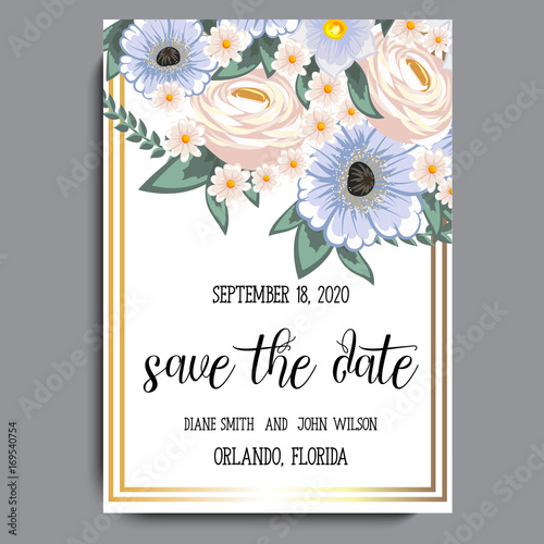 Wedding invitation card suite with flowers. Template. Vector Illustration