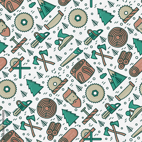 Logging and lumberjack with beard seamless pattern and related thin line icons: jack-plane, sawmill, forestry equipment, timber, lumber. Vector illustration for banner, web page, print media.