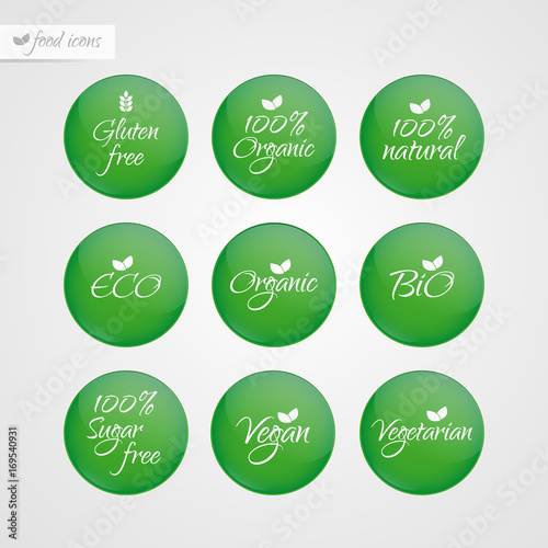 Organic Gluten Sugar free Eco Bio Vegan Vegetarian Eco Bio Natural label. Food logo icons. Vector green and white sticker signs isolated. Illustration symbol for product, packaging, healthy eating