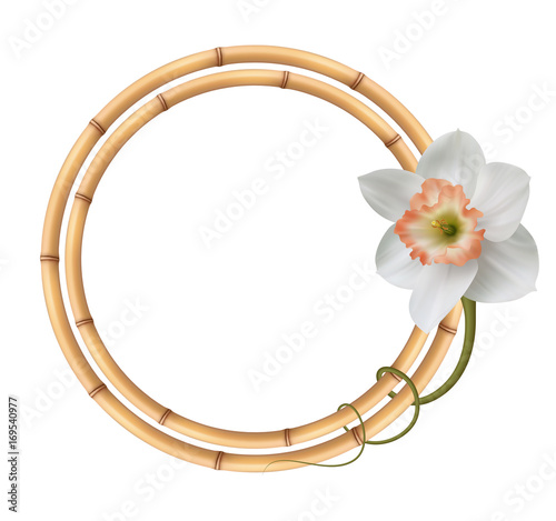Fototapeta Naklejka Na Ścianę i Meble -  Realistic bamboo frame with narcissus flower.