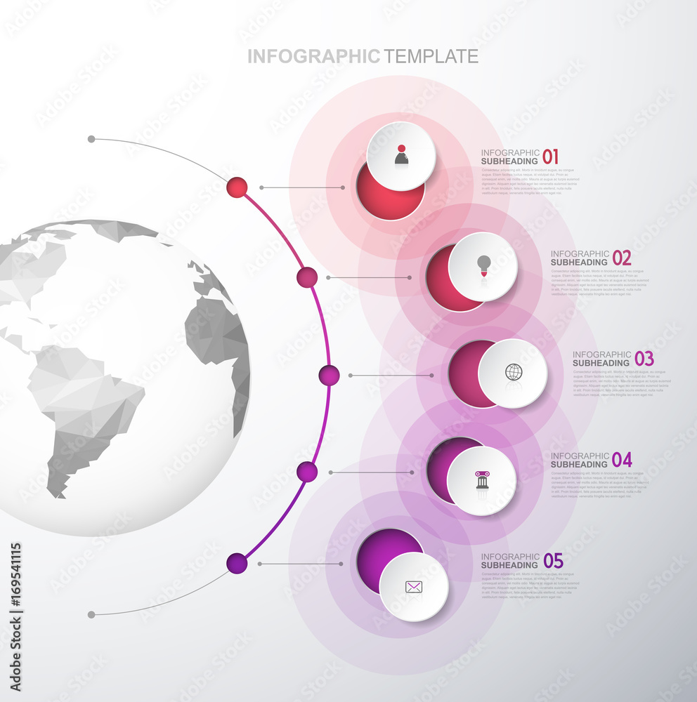 Obraz premium Infographic template with five circles and icons line up beside polygonal map - light version.