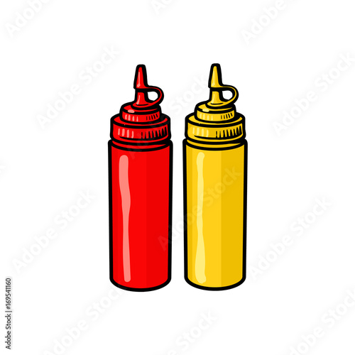 Blank, unlabelled fast food plastic bottles of ketchup and mustard, sketch style vector illustration on white background. Realistic hand drawing of plastic fast food plastic ketchup