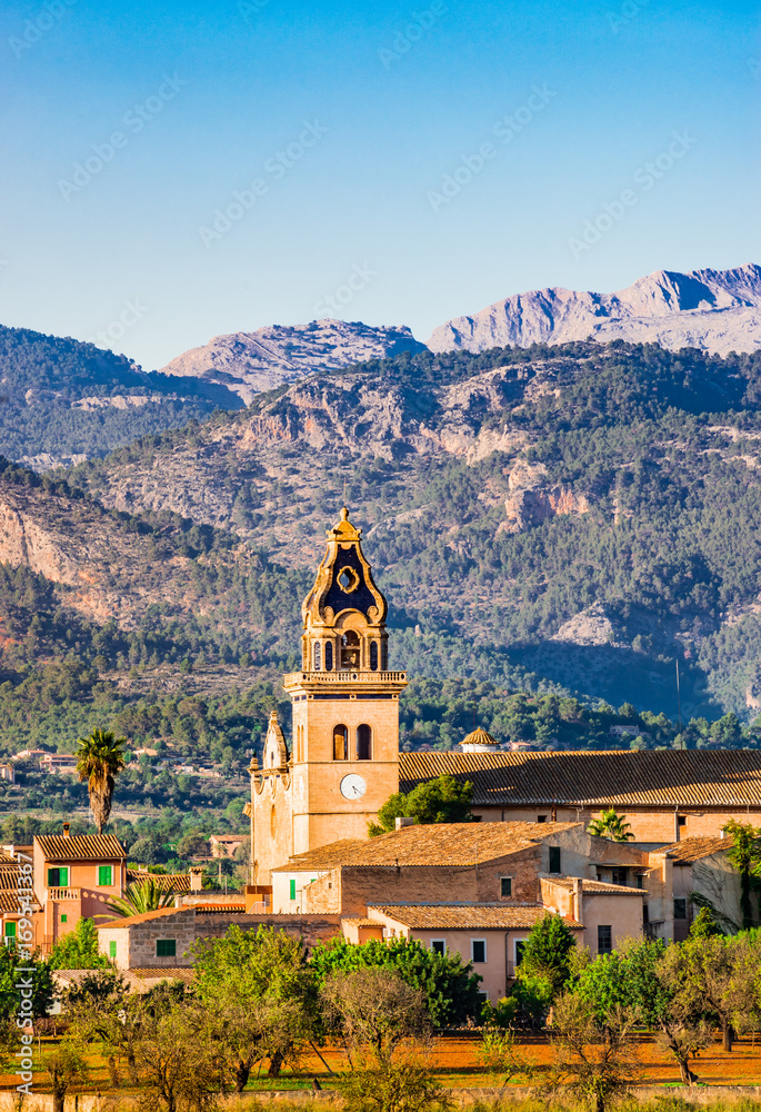 Village Landscape Mountains Spain Majorca  Santa Maria del Cami with beautiful steeple