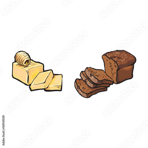 Vector sketch cartoon bar of butter with slices and curl, bround square bread leaf set. Isolated illustration on a white background. Healthy food dairy products, natural dieting concept