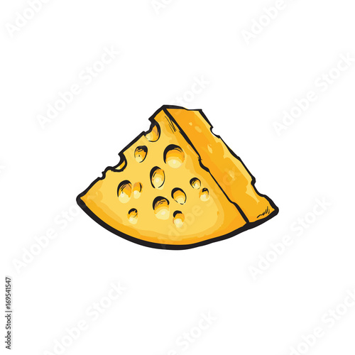 Vector sketch cartoon piece of yellow porous cheese with holes Isolated illustration on a white background. Healthy food dairy products, natural dieting concept