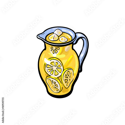 vector sketch cartoon lemonade glass jug, pitcher with handle. Isolated illustration on a white background. Fresh juicy cirtus drink. Healthy organic beverage full of vitamins, nutrients