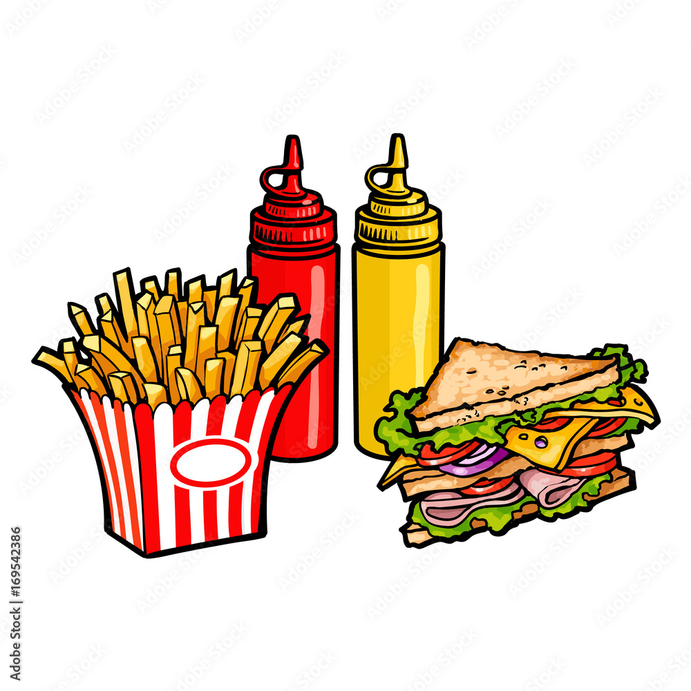 Vector sketch sandwich with vegetables, mustard sauce, ketchup squeeze