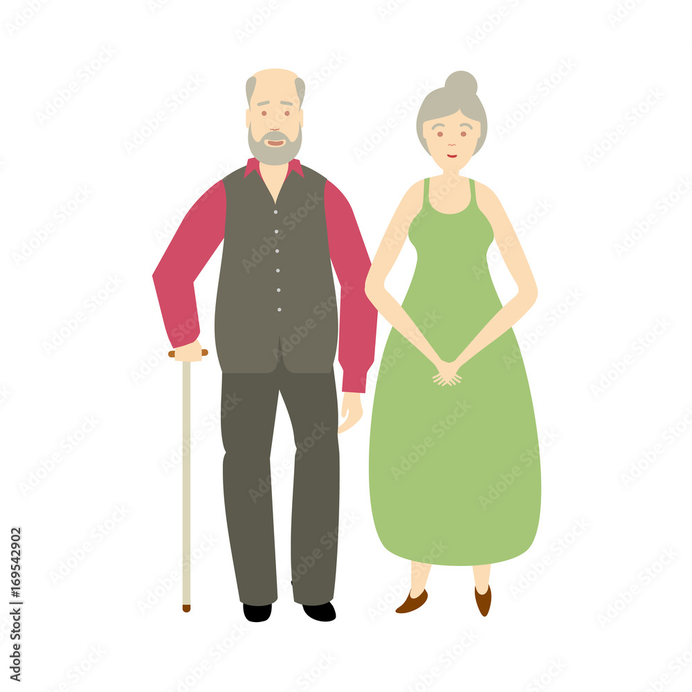 vector flat old grey-haired couple, man with mustage, beard and cane and woman in green dress. Isolated illustration on a white background. Full lenght portrait, Flat family characters concept vector flat old grey-haired couple, man with mustage, beard and cane and woman in green dress. Isolated illustration on a white background. Full lenght portrait, Flat family characters concept
