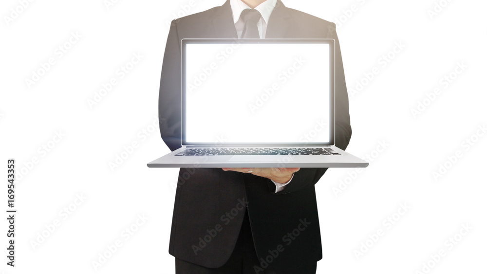  business man and suit holding laptop in hands