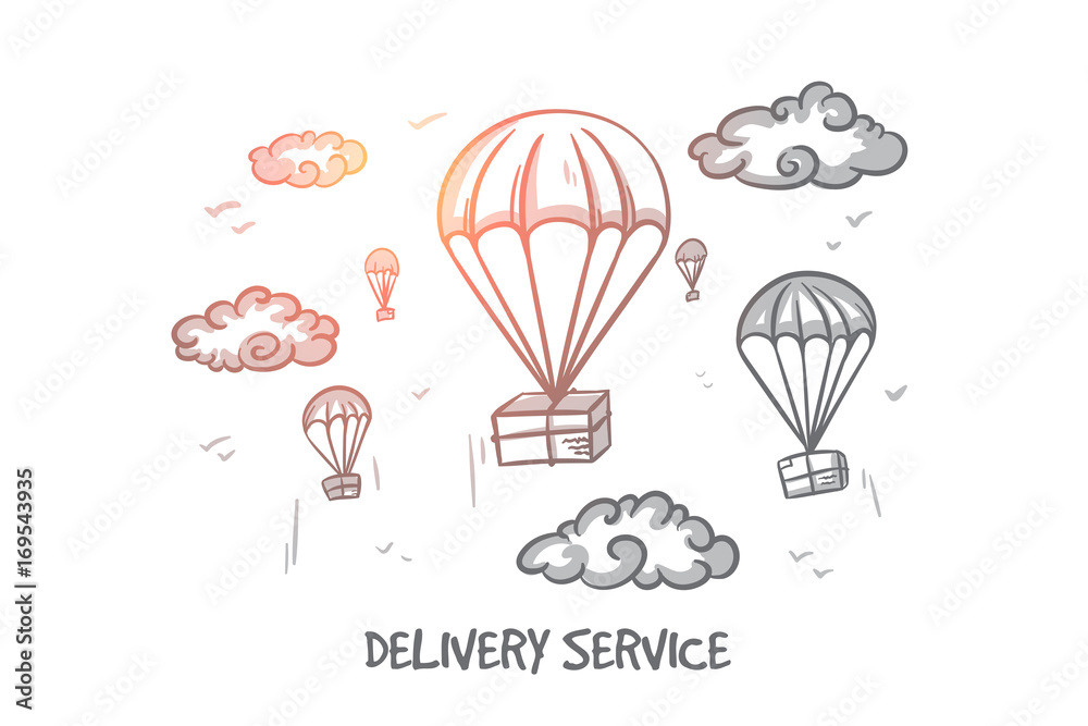 Delivery service concept. Hand drawn delivery goods with balloon. Transportation package isolated vector illustration. Delivery service concept. Hand drawn delivery goods with balloon. Transportation package isolated vector illustration.