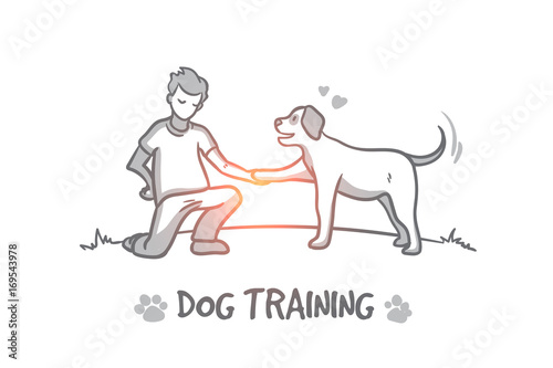 Dog training concept. Hand drawn outdoor dog training process. Instructor for animals isolated vector illustration.