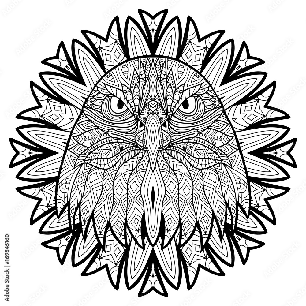 Animal concept. Line design. The head of a eagle. Monochrome ink drawing  with tribal patterns. Zenart. Coloring book for adults. T-shirt, bag design  Stock Vector | Adobe Stock