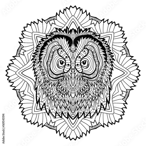 Animal concept. Line design. The head of a owl. Monochrome ink drawing with tribal patterns. Zenart. Coloring book for adults. T-shirt, bag design