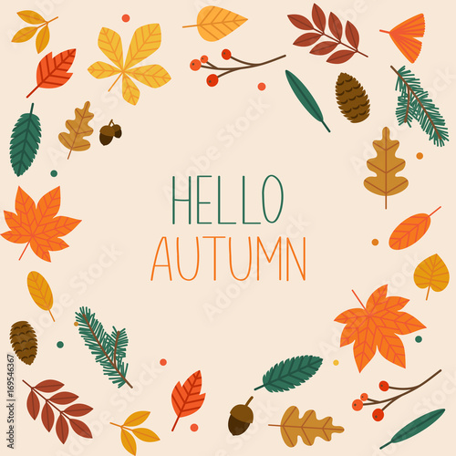 Hello autumn. Autumn leafs on the background. Flat design modern vector illustration concept.