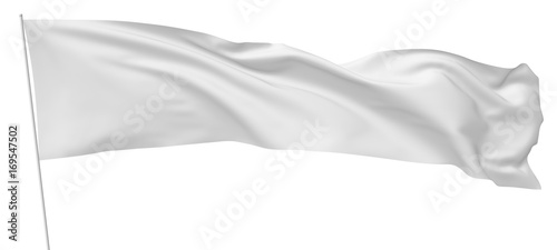 Long white flag on flagpole flying in wind.