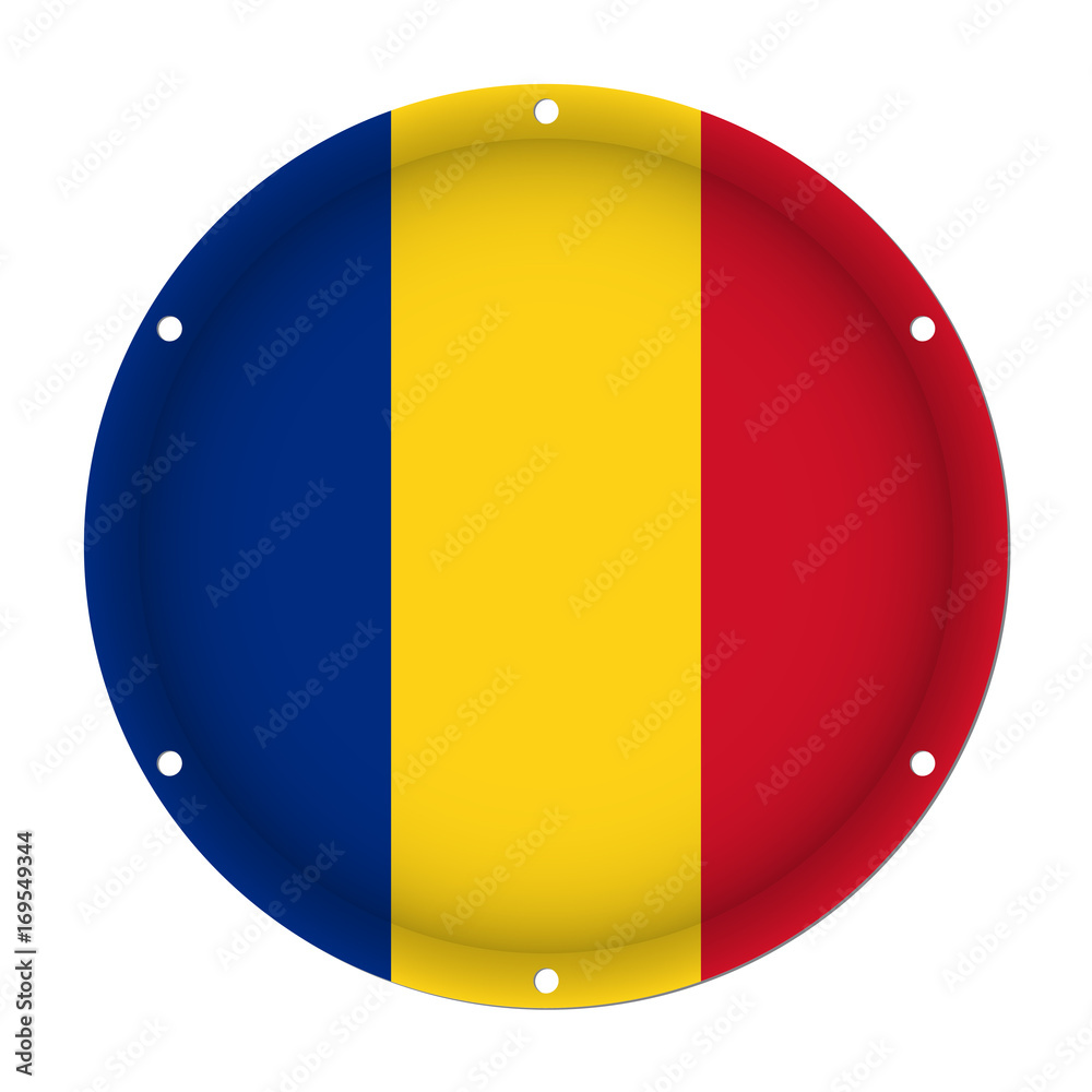 Fototapeta premium round metallic flag of Romania with screw holes