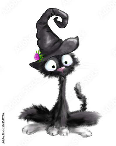 Fototapeta Naklejka Na Ścianę i Meble -  illustrated cute black furry cat with witch hat halloween
