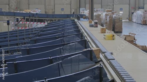 line of automatic distribution in logistics center. sorter
