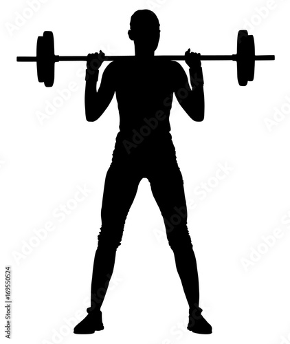 sport, bodybuilding, lifestyle and people concept - young woman with barbell flexing muscles and making shoulder press squat in gym, vector silhouette illustration.
