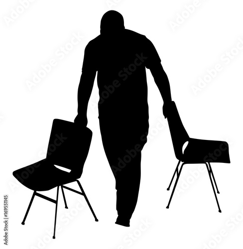 Delivery service moving transport, worker carrying chairs vector silhouette.  Handyman job. Distribution and procurement. Boy moving service after party. Move in.  Man carry chair after concert event