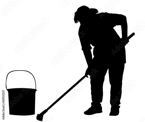 Floor care and cleaning services with washing mop in sterile factory or clean hospital. Cleaning lady service vector silhouette illustration.