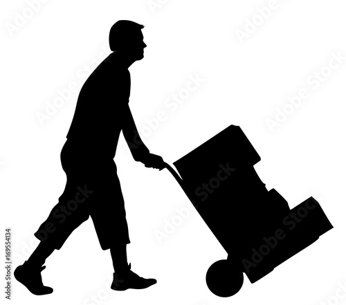 Wholesale, logistic, loading, shipment and people concept - man carrying loader with goods at warehouse. Transportation carrying with wheelbarrow vector silhouette illustration isolated on background.