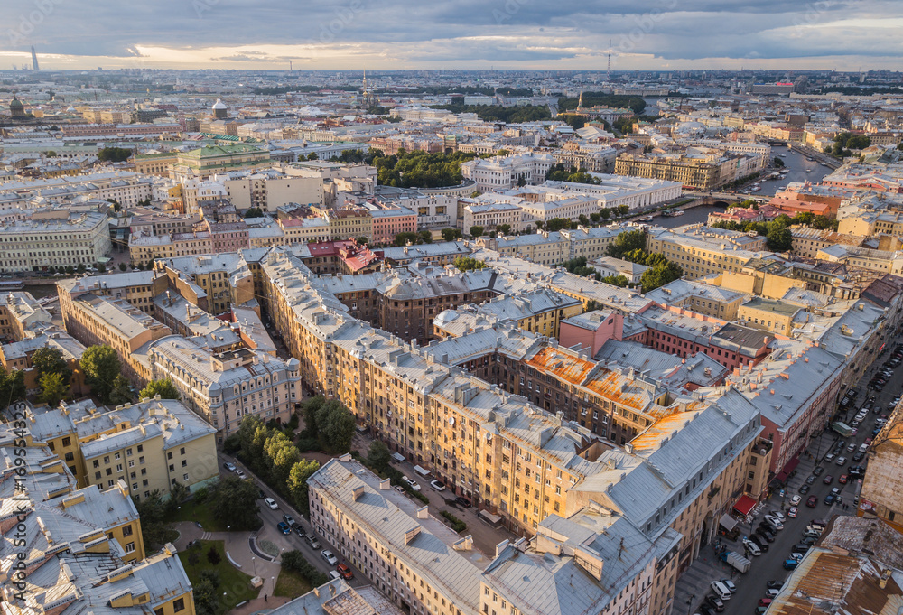 Flying above roofs of St. Petersburg, Russia