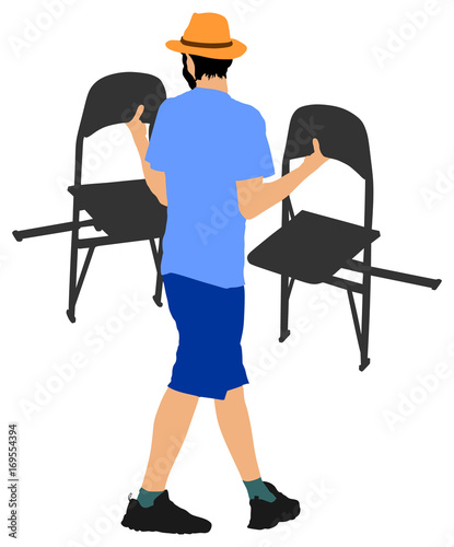 Delivery service moving transport,  worker carrying chairs vector illustration. Handyman job.