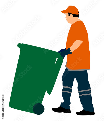 Worker with recycle bin collects leaves vector illustration isolated on white background. Cleaning the street, cleaner man. 