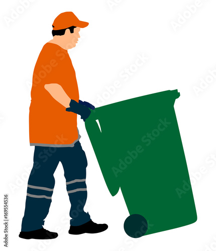 Worker with recycle bin collects leaves vector illustration isolated on white background. Cleaning the street, cleaner man. 
