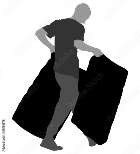 Man carrying boxes procurement. Delivery man service. Distribution and supplies . Boy holding heavy package. Laborer in warehouse.  Restaurant purchase goods. Worker hand transport method. Hard worker