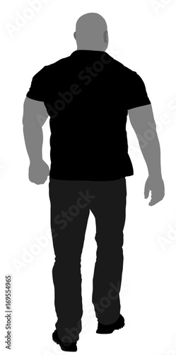 Bouncer walking vector illustration isolated on white background. Security Guards nightclub. Strong man walking. Body builder back view. Tough guy muscular boy. Strongman with bold head walk.
