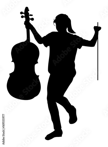 Happy girl graduating music school of cello vector silhouette illustration. Young cellist with cello and fiddle bow in hands.