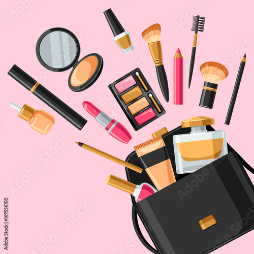 Cosmetics for skincare and makeup out of bag. Background for catalog or advertising