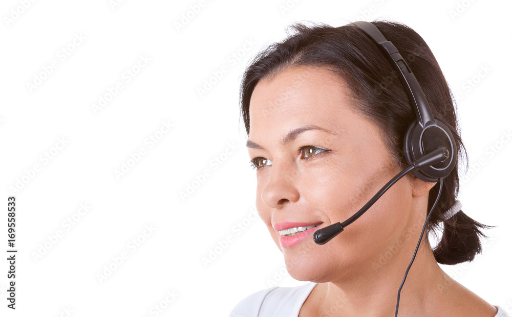 Happy Woman with Headset Working at Callcenter Happy Woman with Headset Working at Callcenter