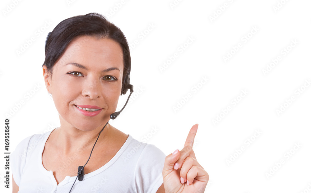 Happy Woman with Headset Working at Callcenter Shows Finger Direction to Copyspace for Yours Design Happy Woman with Headset Working at Callcenter Shows Finger Direction to Copyspace for Yours Design