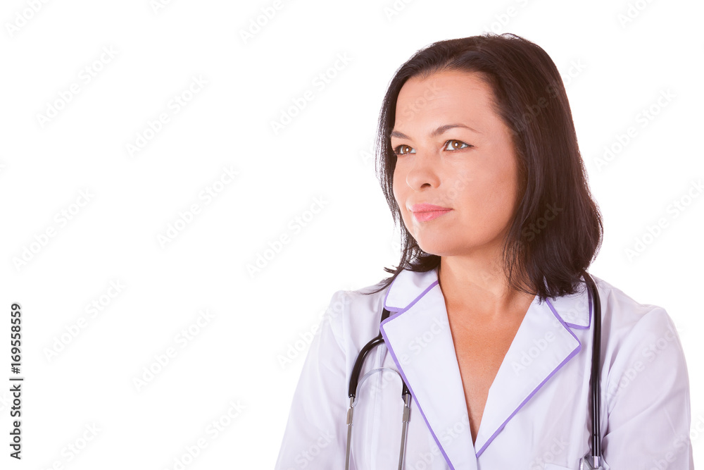 Smiling Medical Woman Doctor with Stethoscope and Copy Space for Yours Design Smiling Medical Woman Doctor with Stethoscope and Copy Space for Yours Design