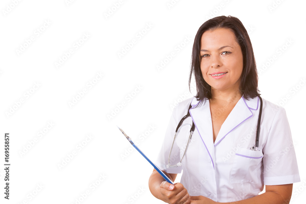 Medical Woman Doctor with Stethoscope Holding Clipboard