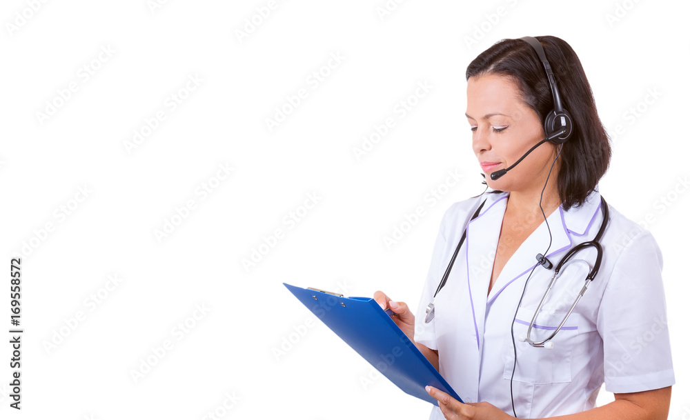 Medical Woman Doctor in Headset with Stethoscope Holding Clipboard with Copyspace for Yours Design Medical Woman Doctor in Headset with Stethoscope Holding Clipboard with Copyspace for Yours Design