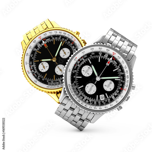 Luxury Classic Analog Men's Wrist Golden and Silver Watches Rendering. 3d Rendering