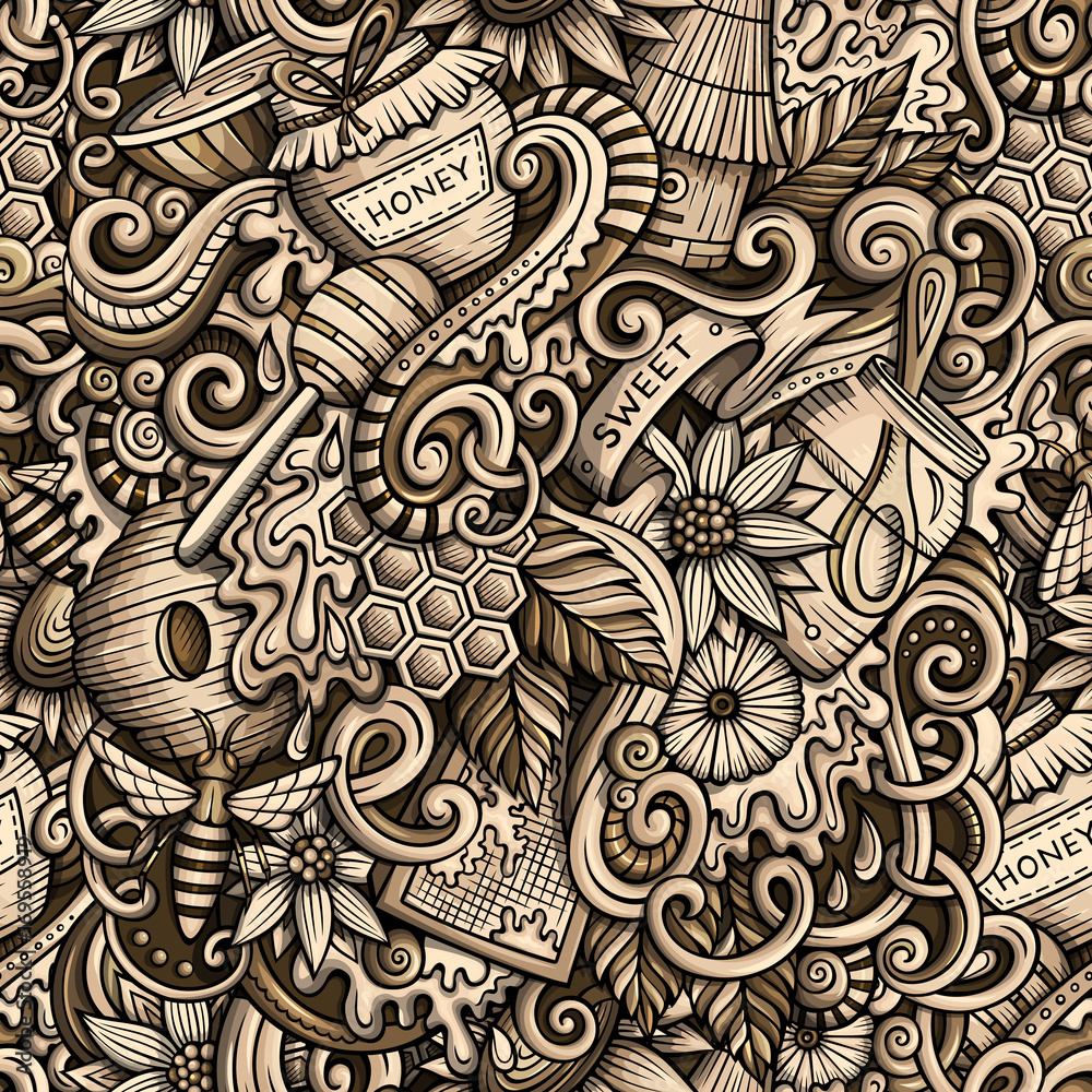 Cartoon cute doodles hand drawn Honey seamless pattern Cartoon cute doodles hand drawn Honey seamless pattern