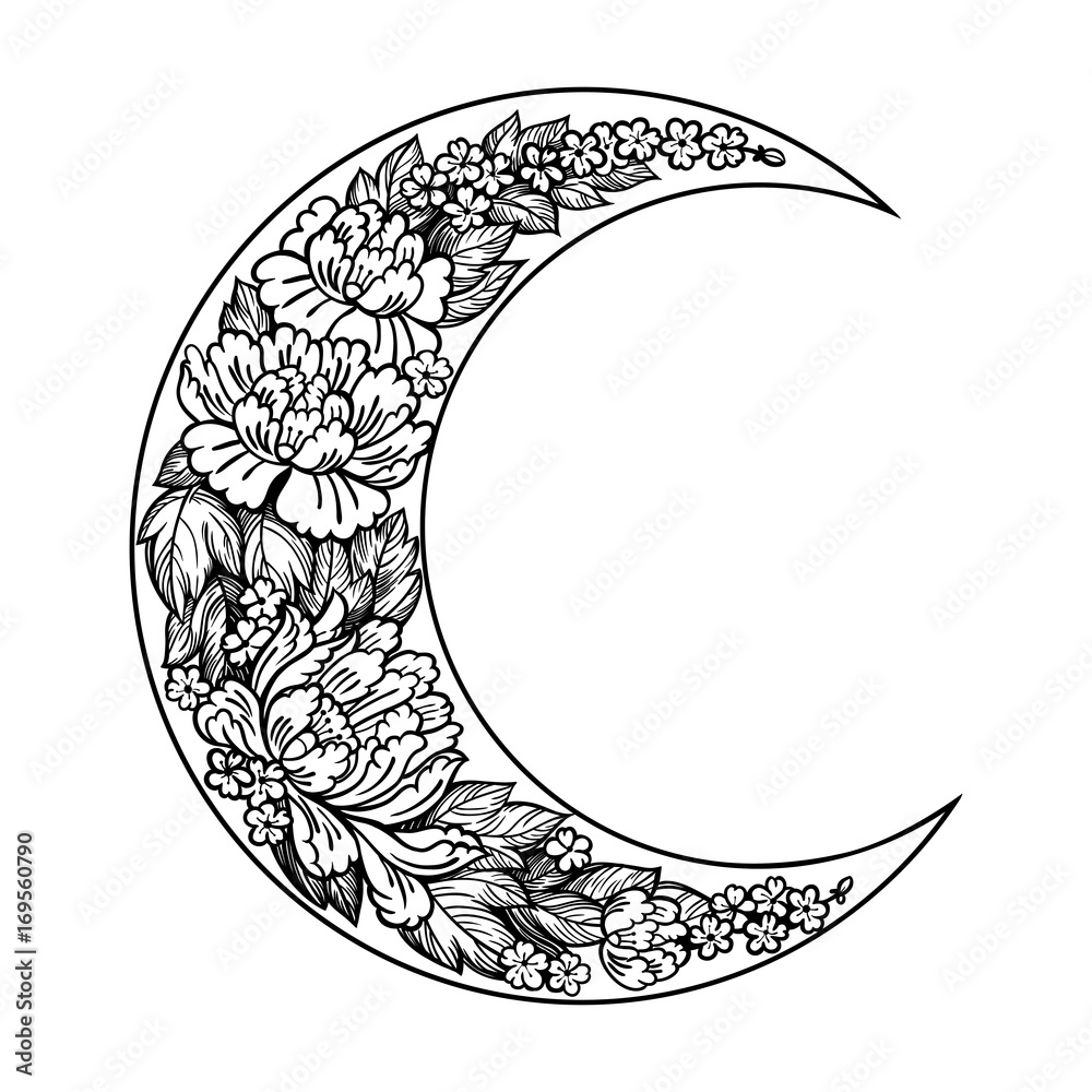Beautiful romantic crescent moon with rose or peony flowers. Beautiful romantic crescent moon with rose or peony flowers.