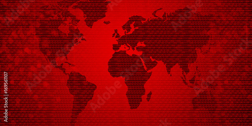 Valokuva Binary code on world map background wallpaper. Red